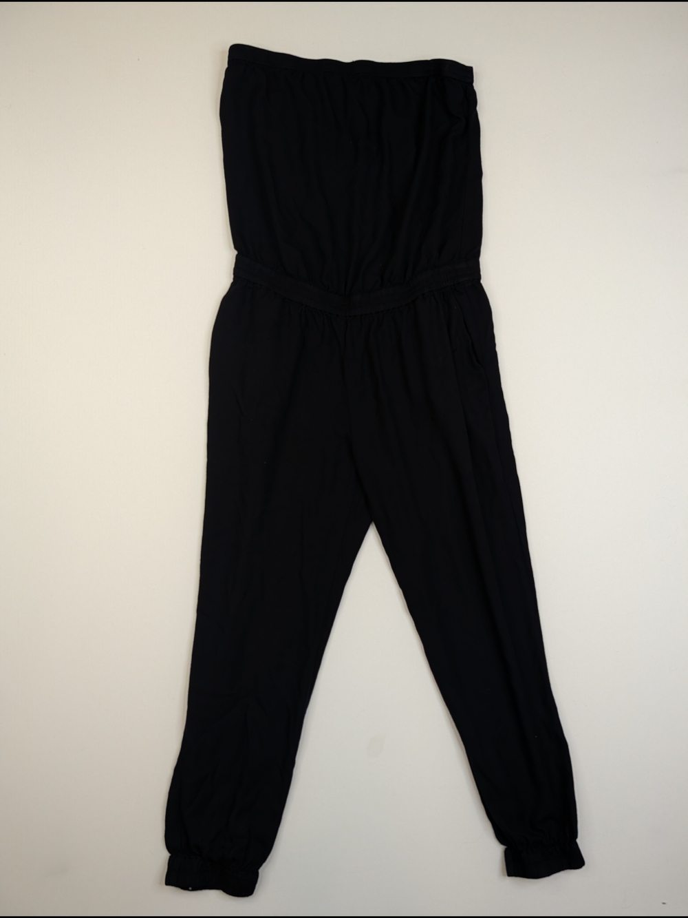Black Strapless Elastic-Waist Jumpsuit With Pockets
